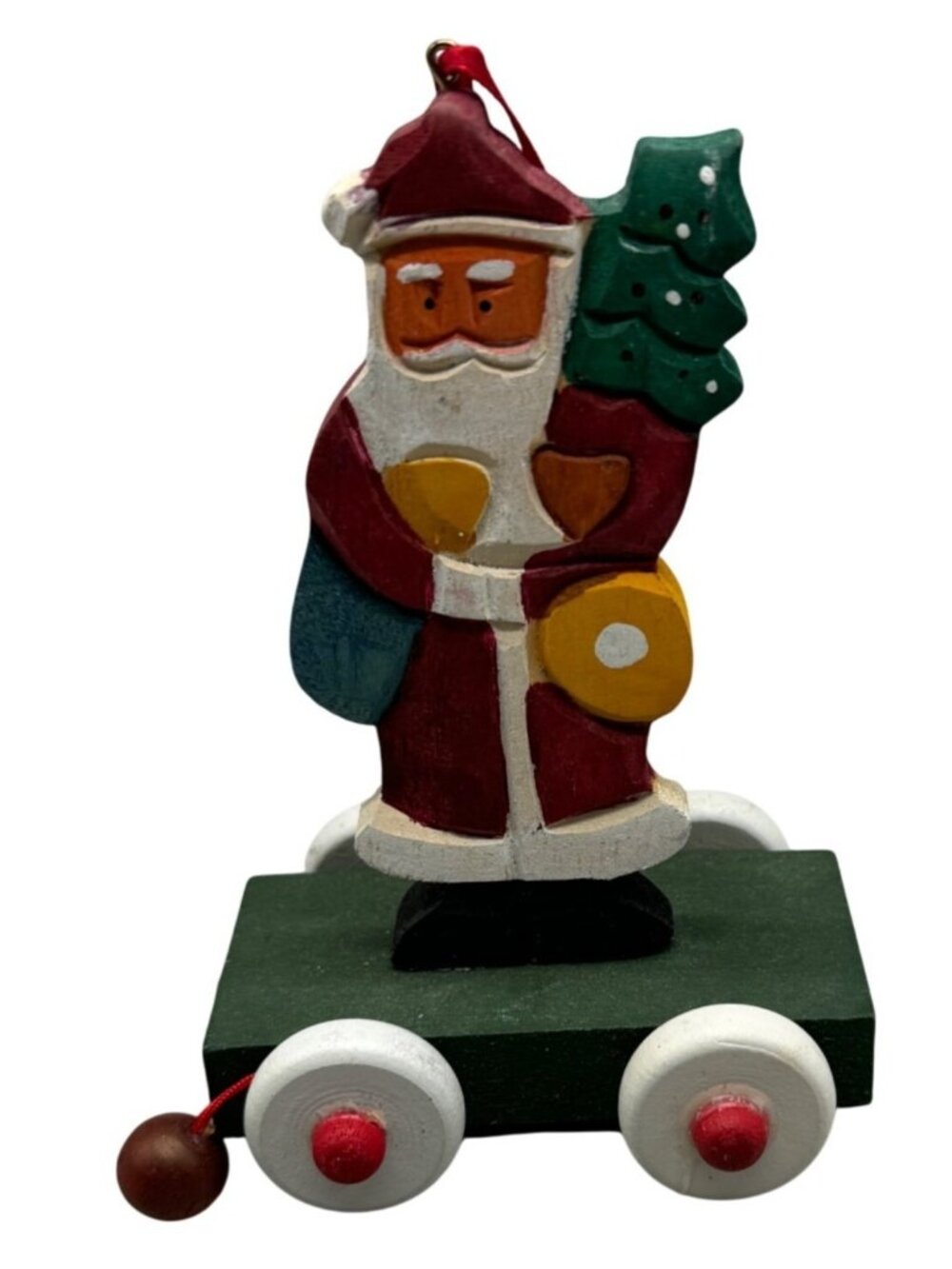 Belsnikel Santa Pull Toy Ornament wood carved wagon Christmas tree green READ